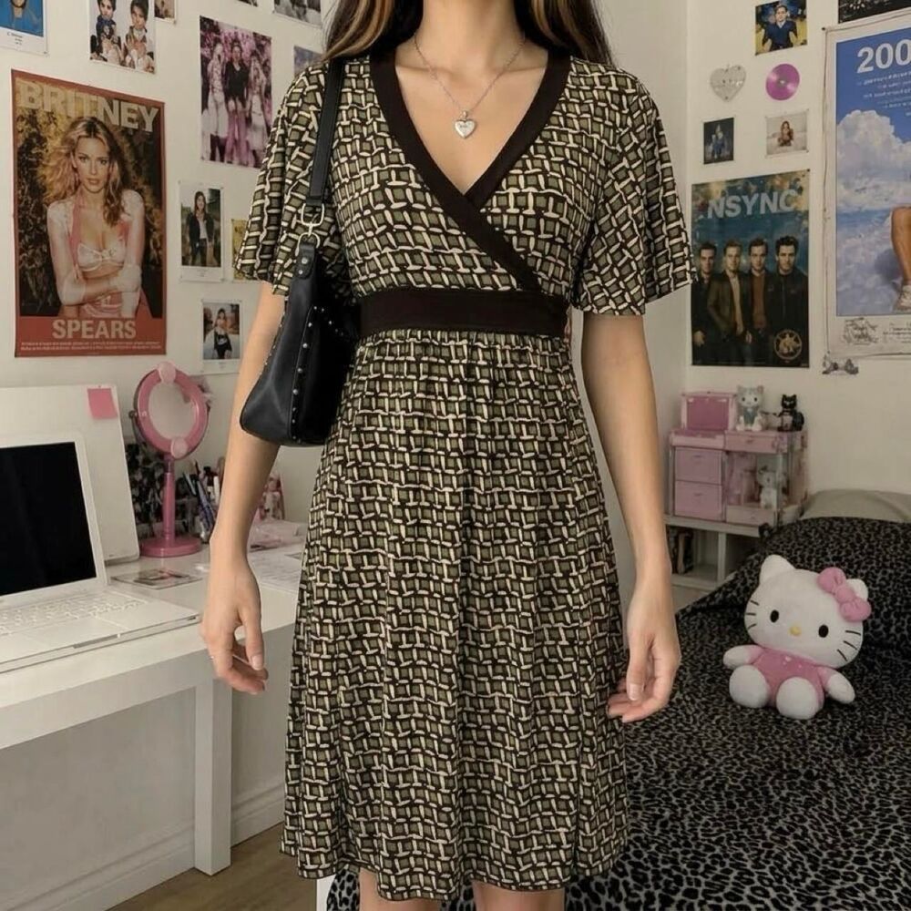 Y2K En Focus Studio Geometric Print Midi Dress Size 6 Wrap Tie Back Retro Grunge